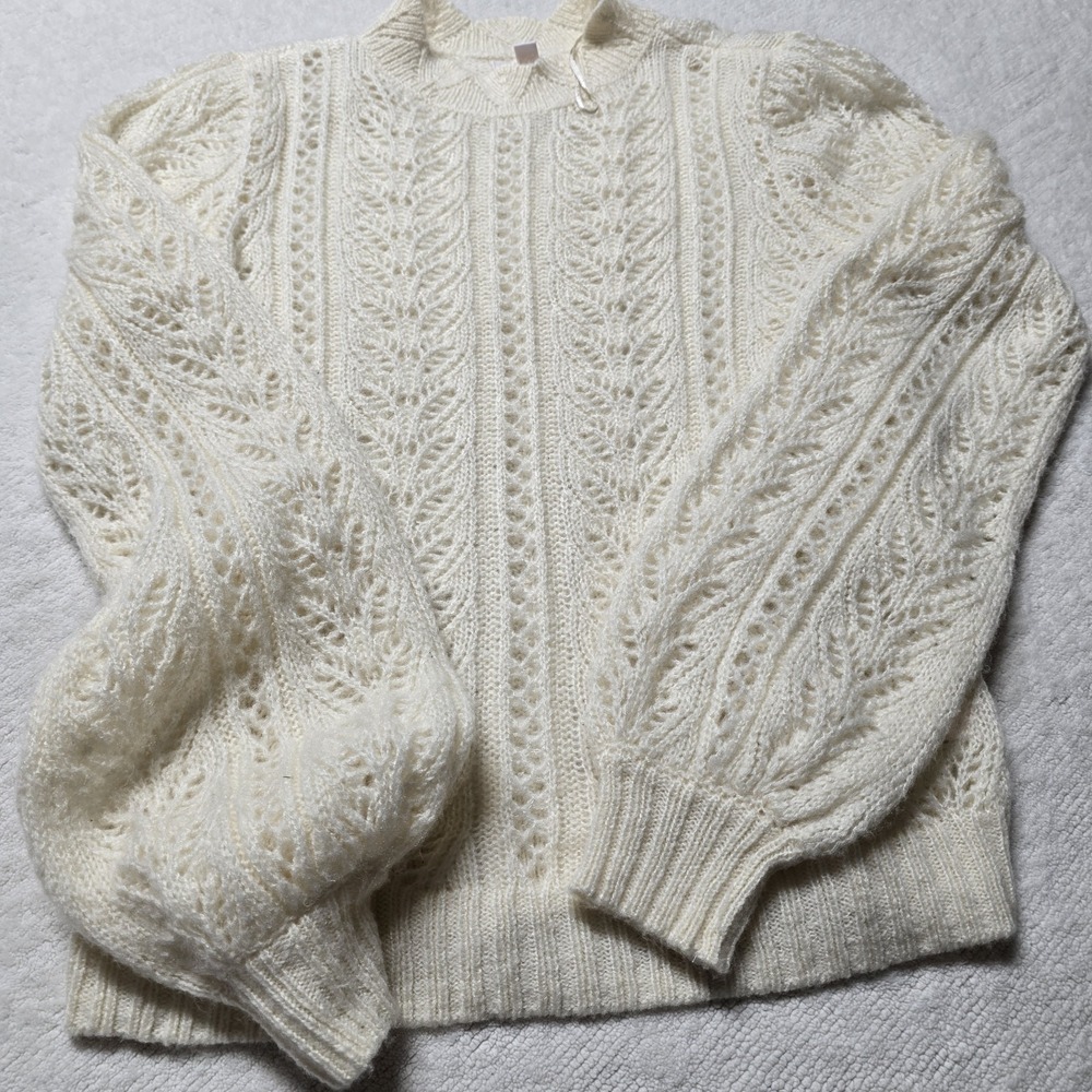LC Lauren Conrad Cream Open Knit Sweater‎ S Lace Crochet Pointelle Jumper Puff